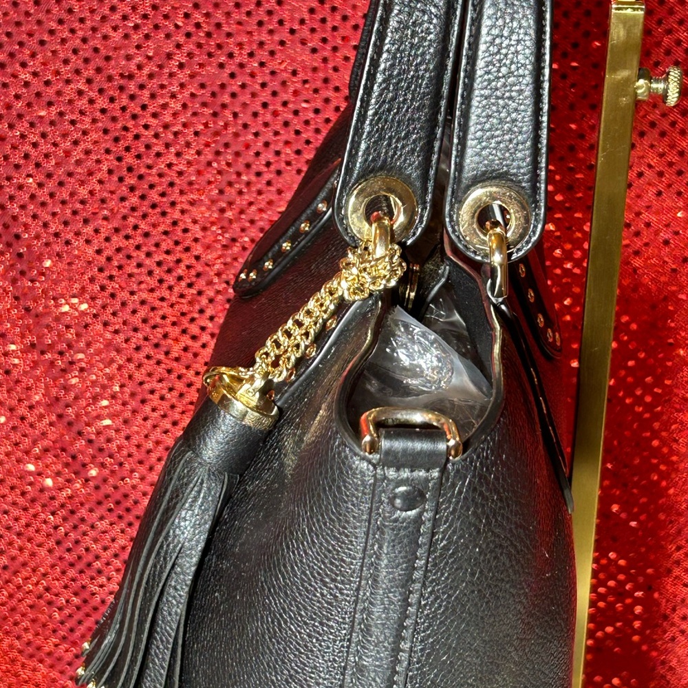 Michael Kors Black Pebbled Leather Brooklyn Satchel Bag/Gold Studs 13”x 8”x 4.5” - Picture 6 of 14